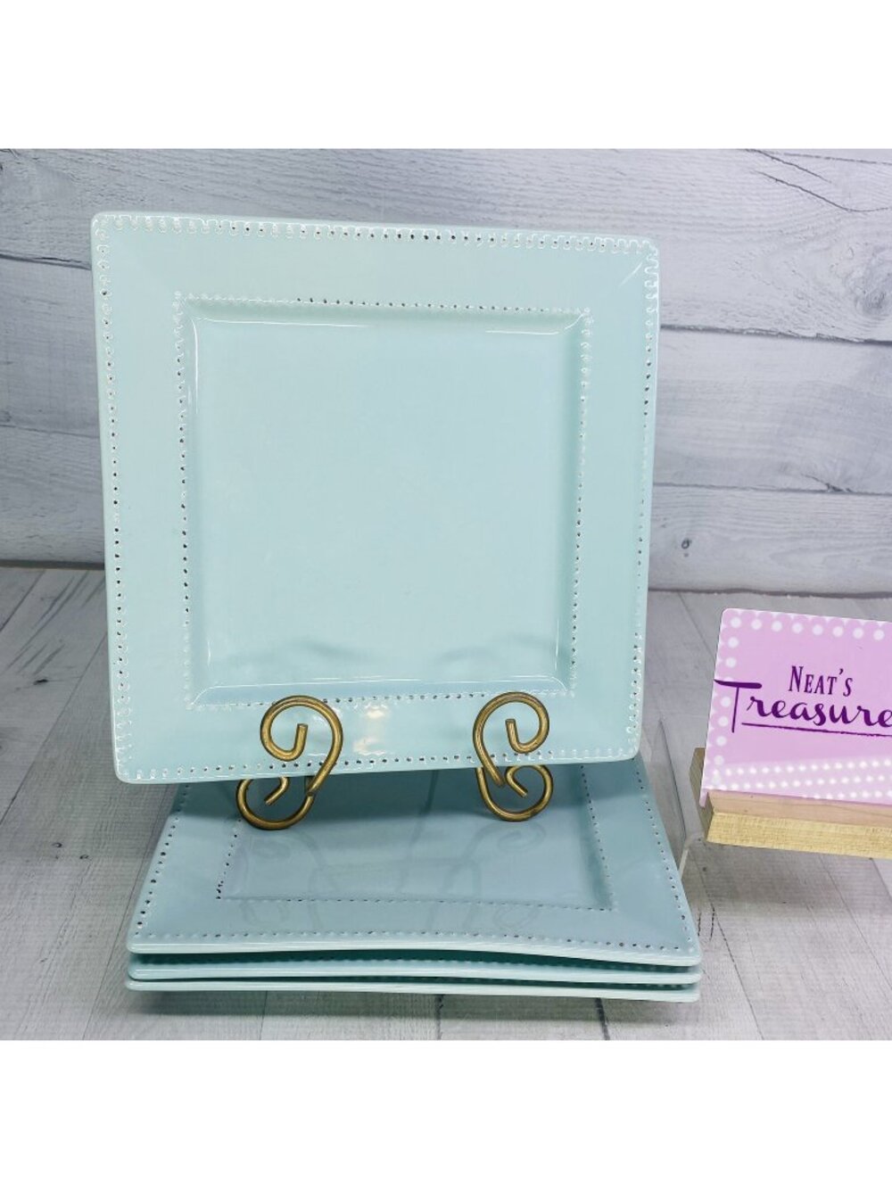 Home Essentials BEADED SQUARE COLLECTION Aqua Beaded Rim Dinner Plates Set of 4